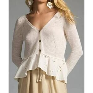 Anthropologie Hollie Eyelet Peplum Button Up Cardigan Sweater White Cream Small